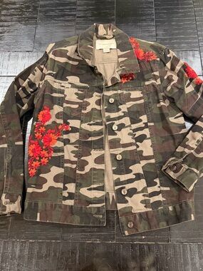 Pilcro and the Letterpress Camouflage Jacket with Red Floral Embroidery